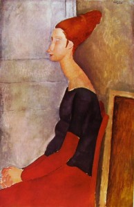 Amedeo Modigliani: Jeanne Hébuterne seduta, in profilo, con vestito scuro